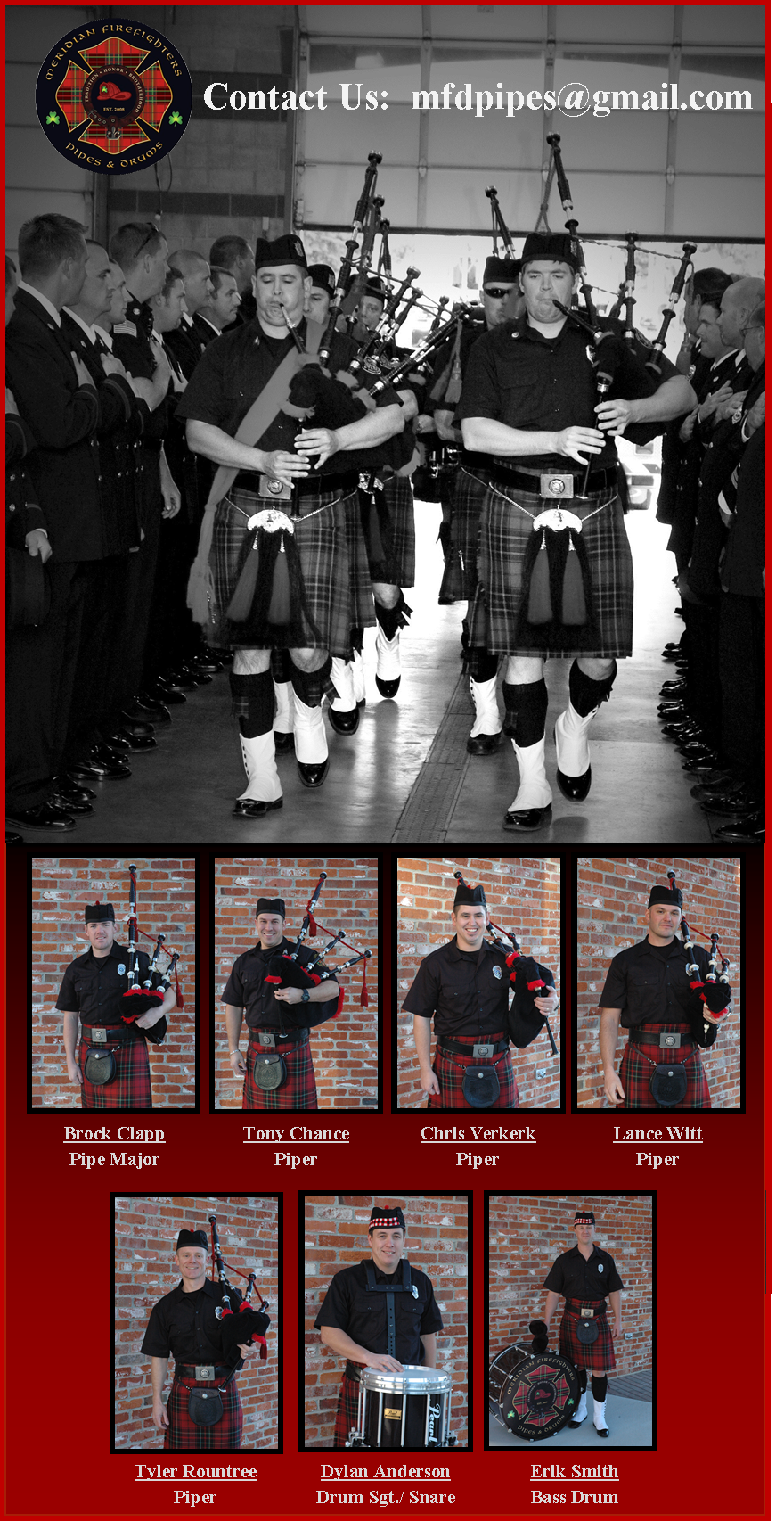 black and white photo of Pipes and Drums members performing at a ceremony, with 7 individual portraits of Pipes and Drums members below